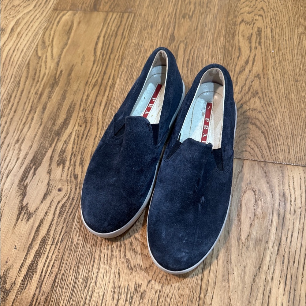 Prada Dark Blue Suede Slip-Ons